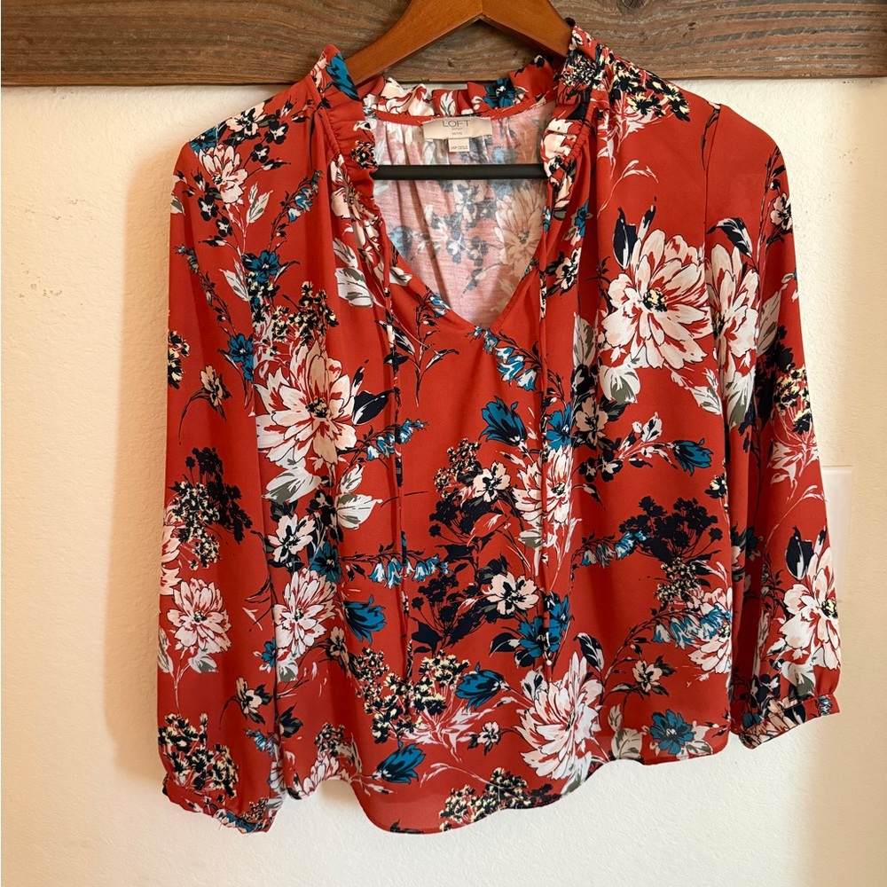 LOFT Rust Floral V-Neck Blouse with Teal Accents